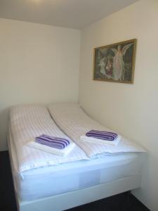 een bed in een kamer met twee handdoeken erop bij Ártún Apartment in Höfn
