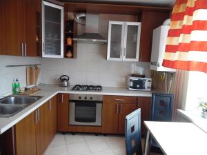 a kitchen with wooden cabinets and a stove top oven at заречанская 57/1 in Khmelnytskyi