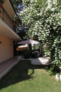 a tree with white flowers and an umbrella in a yard at A letto nell'Arte in Ascoli Piceno