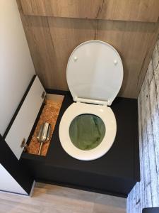 a bathroom with a toilet with a black platform at Tiny House sur la cote bretonne in Cléder