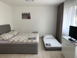 1 dormitorio con 1 cama y escritorio con TV en Modern apartment in the city center, en Plzeň