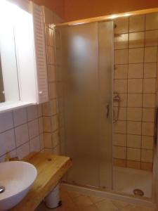 W łazience znajduje się prysznic ze szklanymi drzwiami. w obiekcie Terre di creta...per sognare w mieście Pomaia