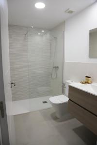 a bathroom with a shower and a toilet and a sink at Aires do Umia in Caldas de Reis