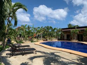a resort with a swimming pool with chairs and palm trees at Camotes Ocean Heaven Resort in Camotes Islands