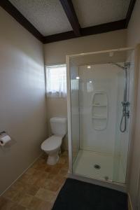 a bathroom with a toilet and a glass shower at Casa Mexicana in Paeroa