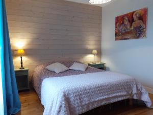 Chavin的住宿－Gîte de Gravelle，一间卧室配有一张带两盏灯的床,墙上挂有一幅画