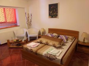 a bedroom with a bed and a table and chairs at Apartament Rebeca in Braşov