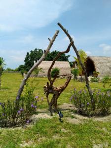 a tree branch sculpture in a field with flowers at Ecoresort Sumba Dream in Rindi