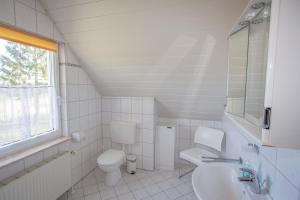 ein weißes Bad mit einem WC und einem Waschbecken in der Unterkunft Haus Fünfschläfer in Dreschvitz