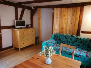 a living room with a couch and a table at Bio-Ferienwohnung Ellensohn in Lindau
