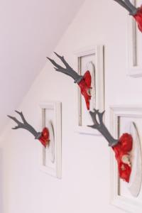 a group of antlers on a wall with red decorations at Ferienwohnung EVA in Seekirchen am Wallersee