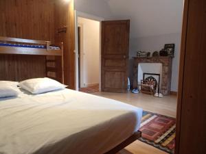 a bedroom with a large bed and a fireplace at France Petit Château in Loué