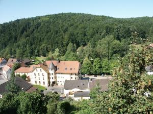 eine Luftansicht einer Stadt in einem Berg in der Unterkunft Hotel zum Engel in Mespelbrunn