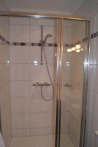 a shower with a glass door in a bathroom at Bauerndörfl Hüttschlag in Hüttschlag