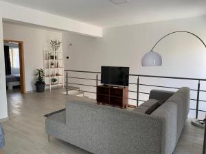 a living room with a couch and a flat screen tv at Paradise Cape Verde in Santa Maria