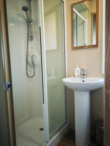 a bathroom with a shower and a sink at Pebble Bay Retreat in Milford on Sea