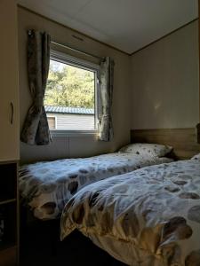 een slaapkamer met 2 bedden en een raam bij Pebble Bay Retreat in Milford on Sea