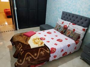 una camera da letto con un letto con una coperta e cuscini di Joli Appartement Meublé à Rte Ain Chkef a Fes