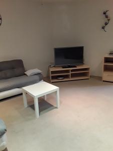 uma sala de estar com um sofá, uma televisão e uma mesa em mas em Aniane
