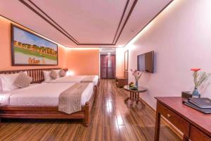 a bedroom with a bed and a desk and a tv at Fivitel Hoi An Hotel in Hoi An