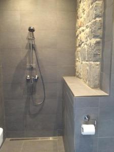 a bathroom with a shower with a stone wall at Les Roques Apartments in historical Monastery in Durbuy +27 photos
