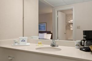 a bathroom counter with a sink and a mirror at Days Inn by Wyndham Reading Wyomissing in Reading