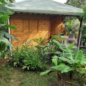 a wooden cabin with a deck in a garden at Le Filao in Pointe-Noire