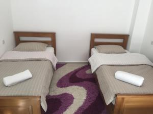 two twin beds in a room with a carpet at Oasis in Aspindza