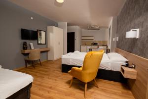 um quarto de hotel com uma cama, uma secretária e uma cadeira em Apartments Bashoski em Ohrid