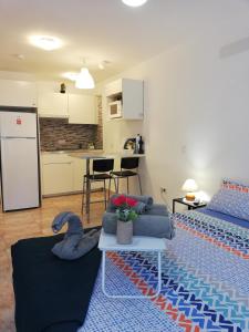 ApartBeach Candelaria في كانديلاريا: غرفة معيشة مع سرير ومطبخ