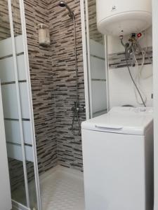 a bathroom with a shower and a white refrigerator at Paradise Candelaria in Candelaria