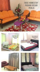 巴東勿剎的住宿－Rose Homestay Padang Besar，一张床位和一张桌子的房间的照片拼在一起