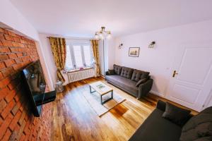 a living room with a couch and a fireplace at Apartament Barbara in Gdańsk