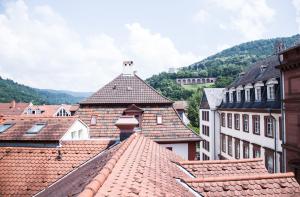 einen Blick auf die Dächer von Gebäuden mit Bergen im Hintergrund in der Unterkunft Hotel am Rathaus in Heidelberg