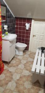 baño con aseo, lavabo y puerta en Vasaros apartamentas Nr3 en Palanga
