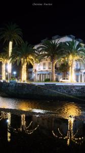 a building with palm trees in front of a body of water at EL CAMBARAL del PUERTO in Luarca