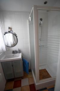 a bathroom with a shower and a sink and a mirror at La Sornière in Talmont