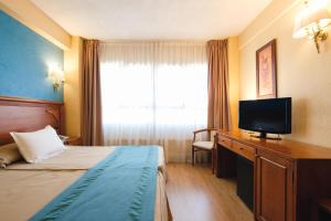 Una habitación de hotel con una cama y un televisor de pantalla plana. en Hotel Corregidor, en Segovia