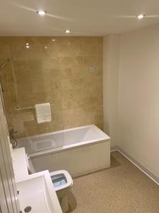 a bath tub sitting next to a toilet in a bathroom at Boars Head Hotel in Carmarthen