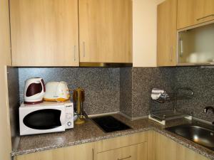 a kitchen counter with a microwave and a sink at Rivendell Apartments Borovets Gardens Deluxe Studios in Borovets