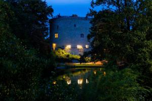 un château assis à côté d'une rivière la nuit dans l'établissement Ferienwohnung Burgkaiser, à Goslar