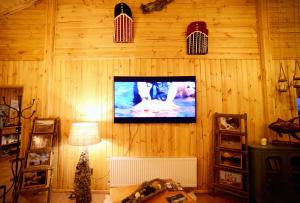 sala de estar con TV en una pared de madera en Hotel del Paine, en Torres del Paine