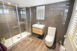 a bathroom with a toilet and a sink and a shower at Best located and beautifully renovated cottage in Diss