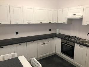 a kitchen with white cabinets and a stove top oven at Villa Rosa in Poznań