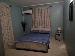 Schlafzimmer mit einem Bett mit blauer Bettwäsche und einem Fenster in der Unterkunft VILLA GERARD STAAR by SOV in Grand Baie