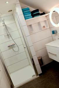 a bathroom with a shower and a sink at In De Achtste Hemel in Schimmert