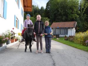 Zwei Mädchen und ein Junge stehen neben einem Pferd in der Unterkunft Weißenbach´s Ferienhof in Wertach