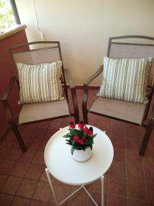 Dos sillas y una mesa con un jarrón de flores. en Matera Da - Mare en Marina di Pisticci
