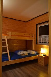 a bunk bed in a wooden room with a ladder at Letnia Przystań in Rusinowo