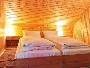 two beds in a wooden room with two lamps at Peaceful Nature Cabin Jolly in Mozirje